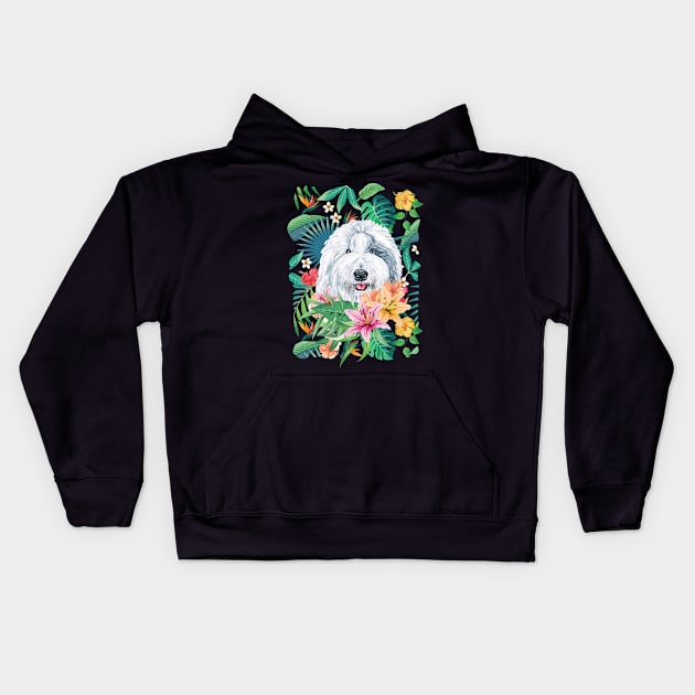 Tropical Old English Sheepdog Kids Hoodie by LulululuPainting